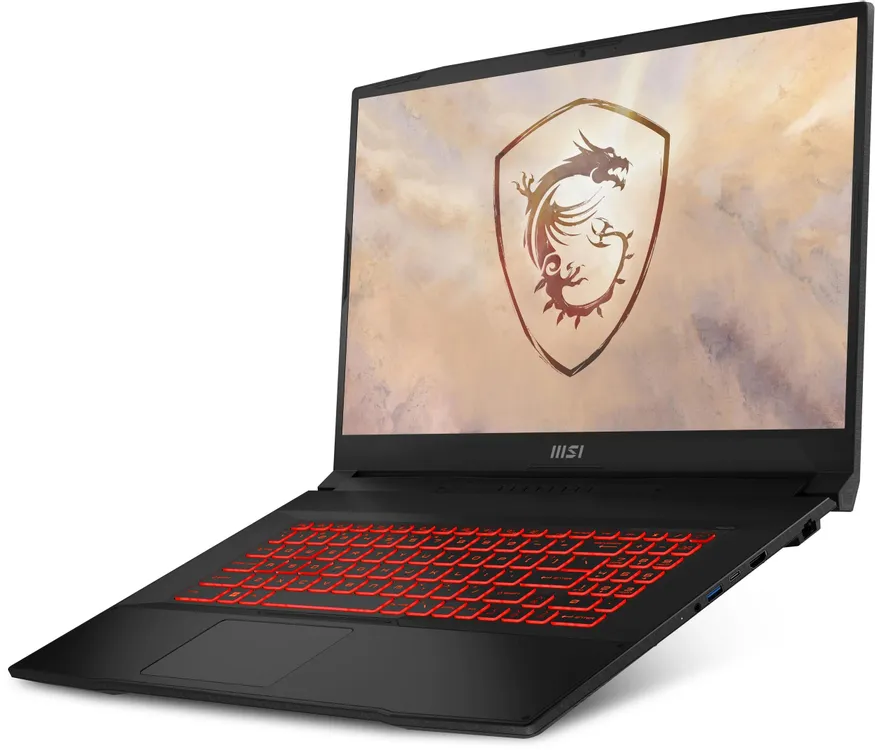 MSI Katana 17 B13UCR вид сбоку тонкий чёрный корпус с красной подсветкой клавиатуры