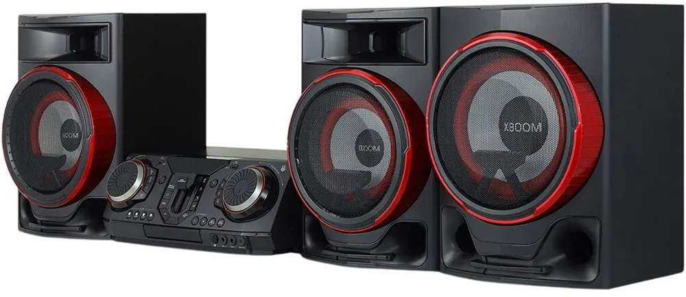 LG CL88 минисистема общий вид в интерьере с напольными колонками и красной подсветкой