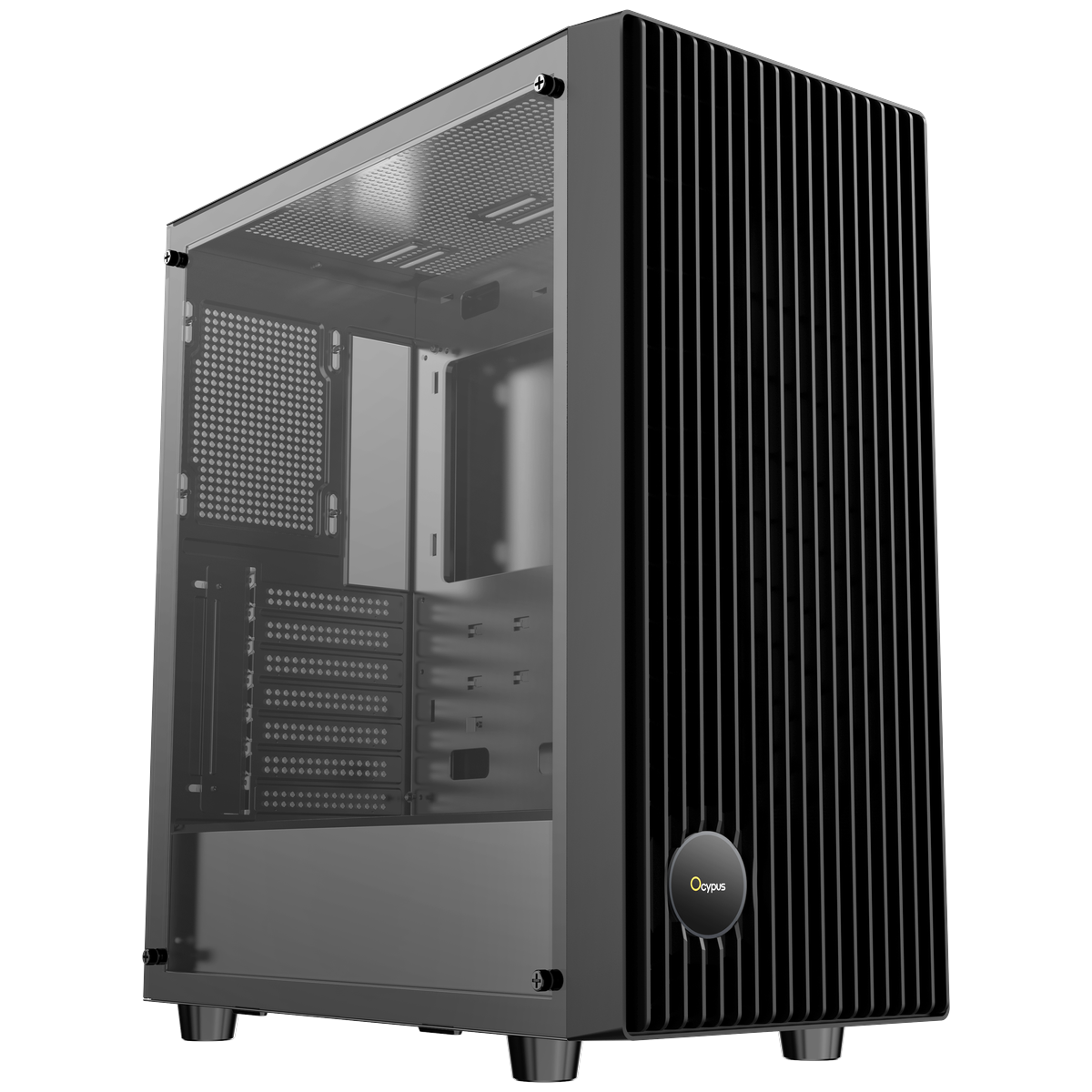 Ocypus Case Gamma C70 BK вид спереди под углом с прозрачной боковой панелью