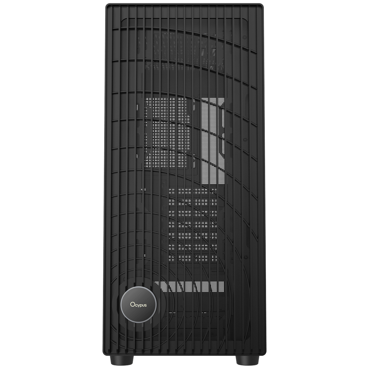 Ocypus Case Gamma C70 BK вид спереди — вентиляционная сетка и вертикальные рёбра фронтальной панели