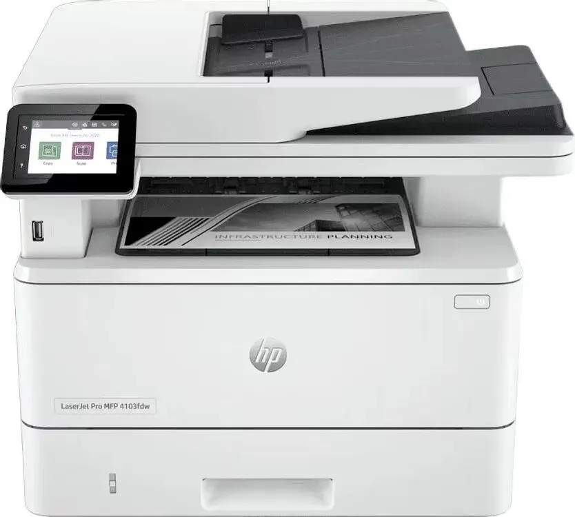 HP LaserJet Pro 4103fdw вид спереди с автоподатчиком документов и сенсорным дисплеем