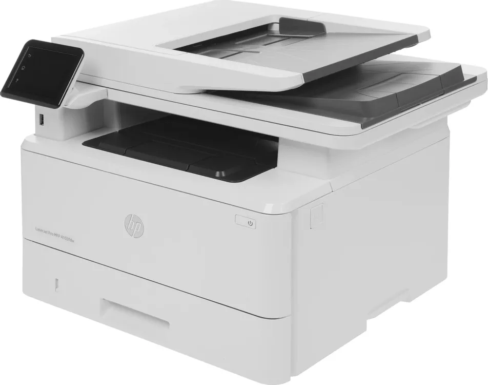 HP LaserJet Pro 4103fdw с поднятой крышкой сканера и открытым автоподатчиком документов