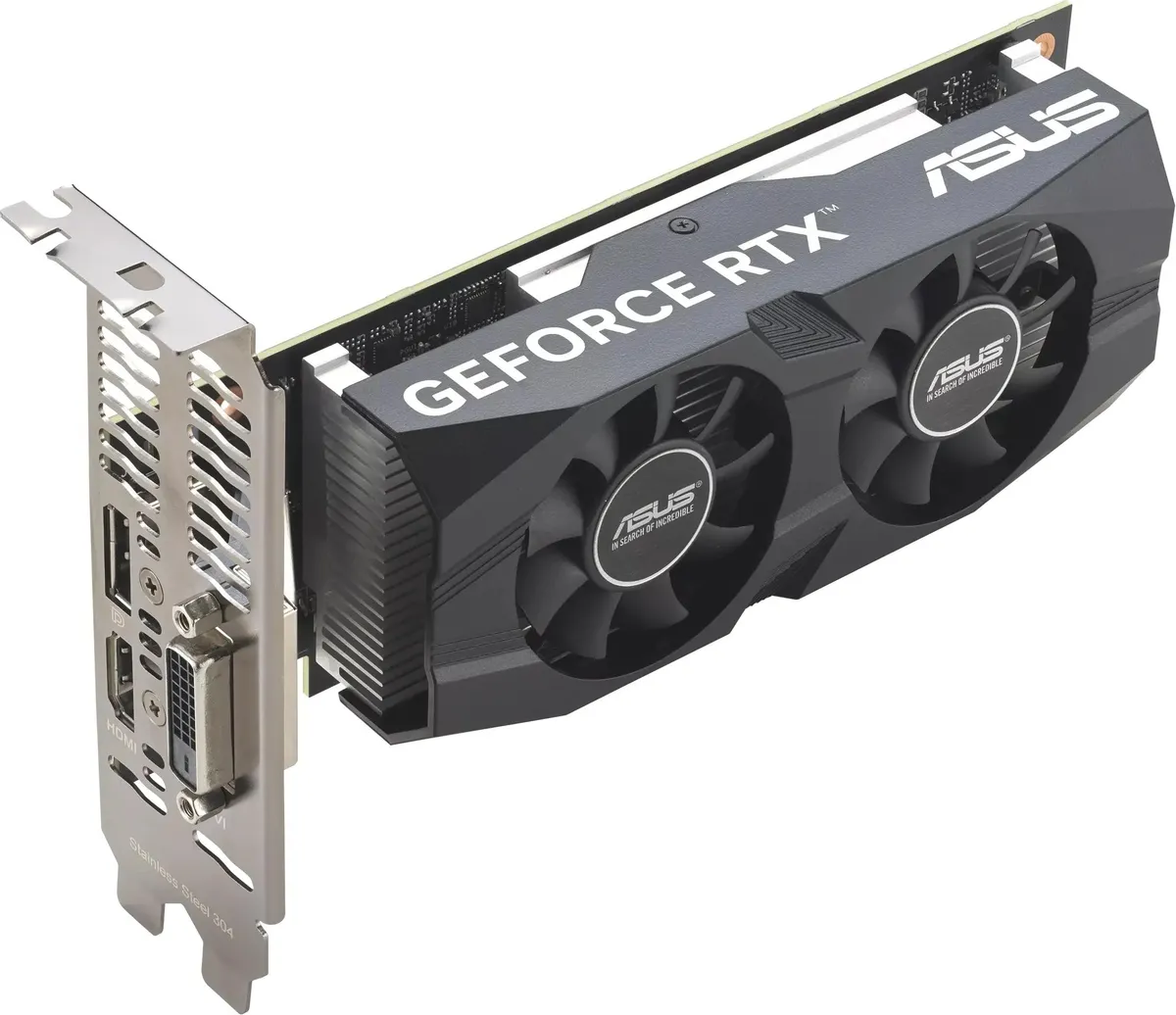 ASUS GeForce RTX 3050 вид сбоку — два охлаждающих вентилятора с логотипом ASUS, HDMI и DisplayPort на задней скобе