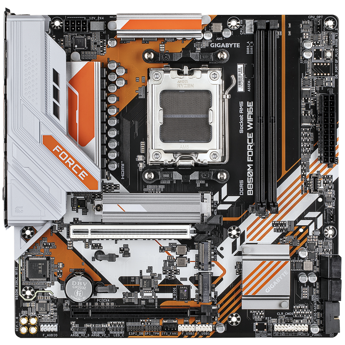 Gigabyte B850M Force WiFi6E материнская плата AM5 вид сверху — сокет, слоты DDR5, разъёмы питания