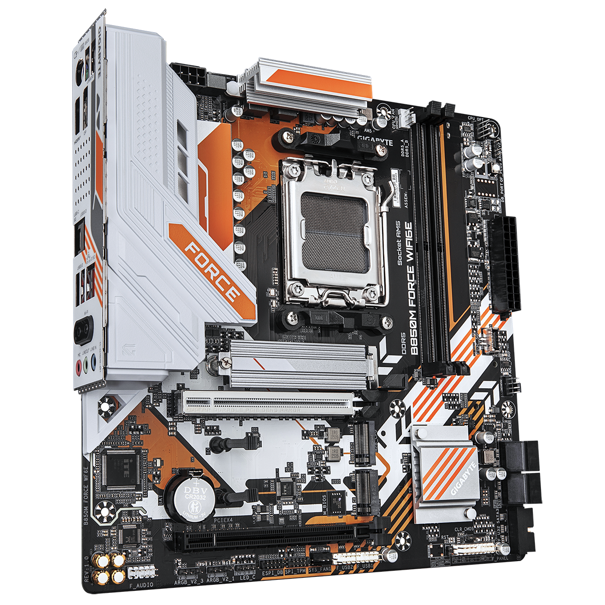 Gigabyte B850M Force WiFi6E боковой вид — разъёмы задней панели, слоты расширения PCIe, радиатор VRM