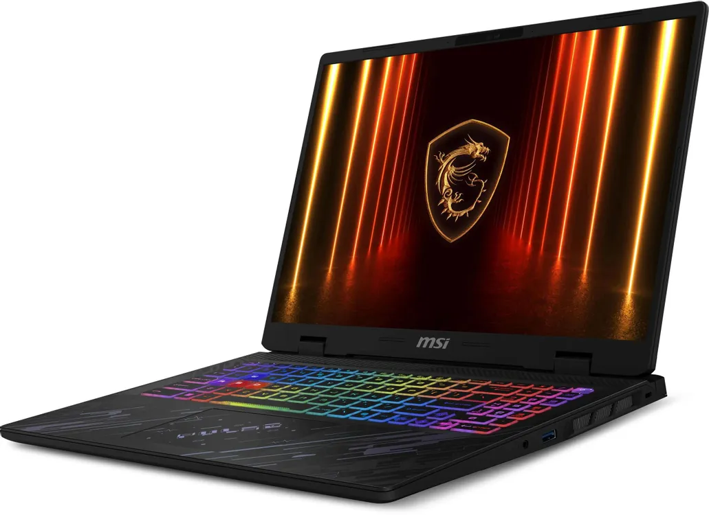 MSI Pulse A16 AI+ вид спереди под углом RGB подсветка клавиатуры