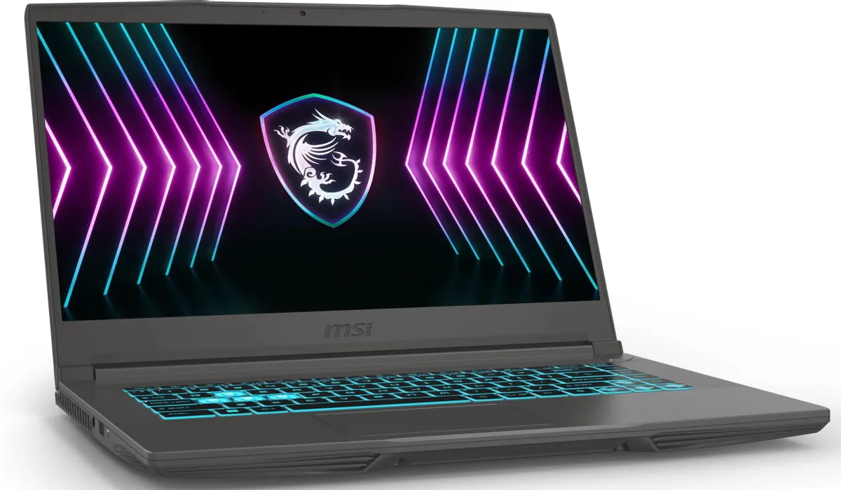 MSI Thin 15 B2RVE-3450XRU вид спереди — игровой ноутбук с подсвеченной клавиатурой и экраном с логотипом дракона