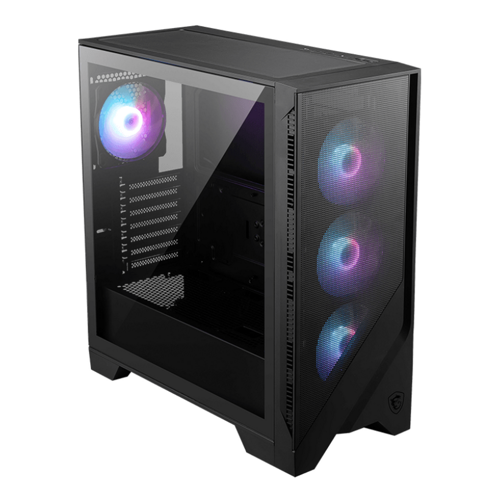 MSI MAG FORGE 321R AIRFLOW с открытой боковой панелью — видны ARGB-вентиляторы и внутреннее пространство