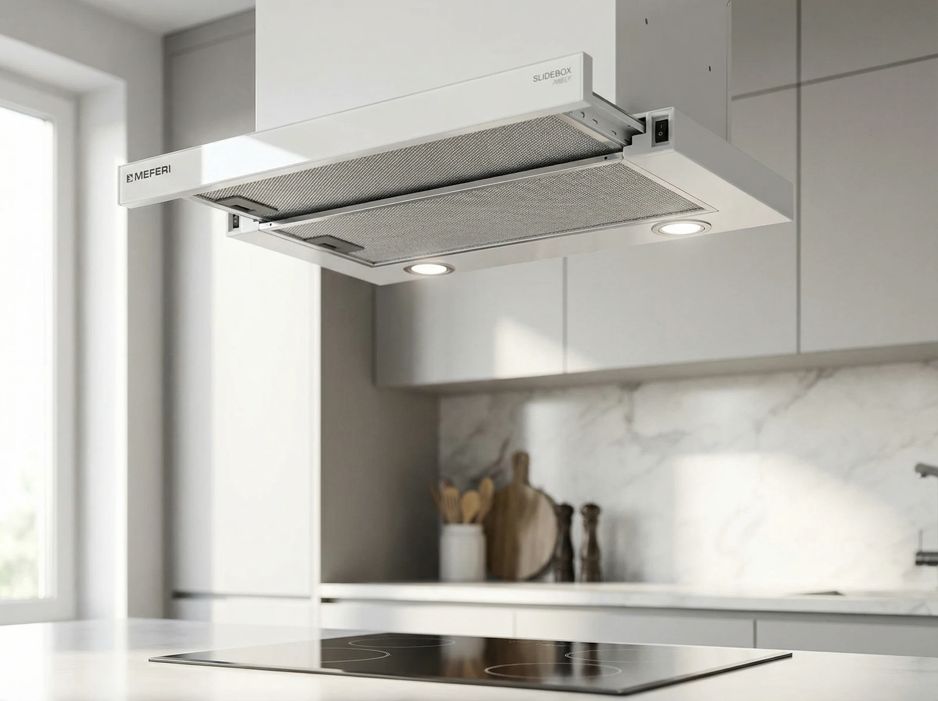 Meferi Glass Ultra SlideBox60WH встроенная в кухонный гарнитур — вид в интерьере