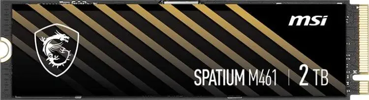 MSI Spatium M461 2TB M.2 SSD вид спереди — чёрный корпус с золотыми полосами и логотипом Dragon Shield