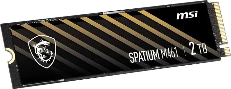 MSI Spatium M461 2TB на подставке — демонстрация форм-фактора M.2 2280 и золотых контактов