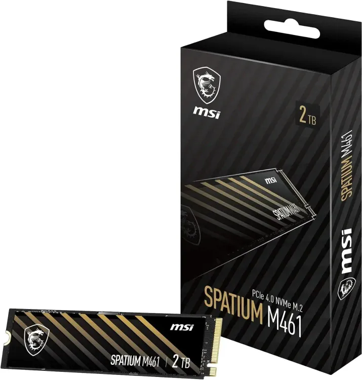 MSI Spatium M461 2TB комплектация — коробка с логотипами MSI и Dragon Shield, обозначение PCIe 4.0 NVMe M.2