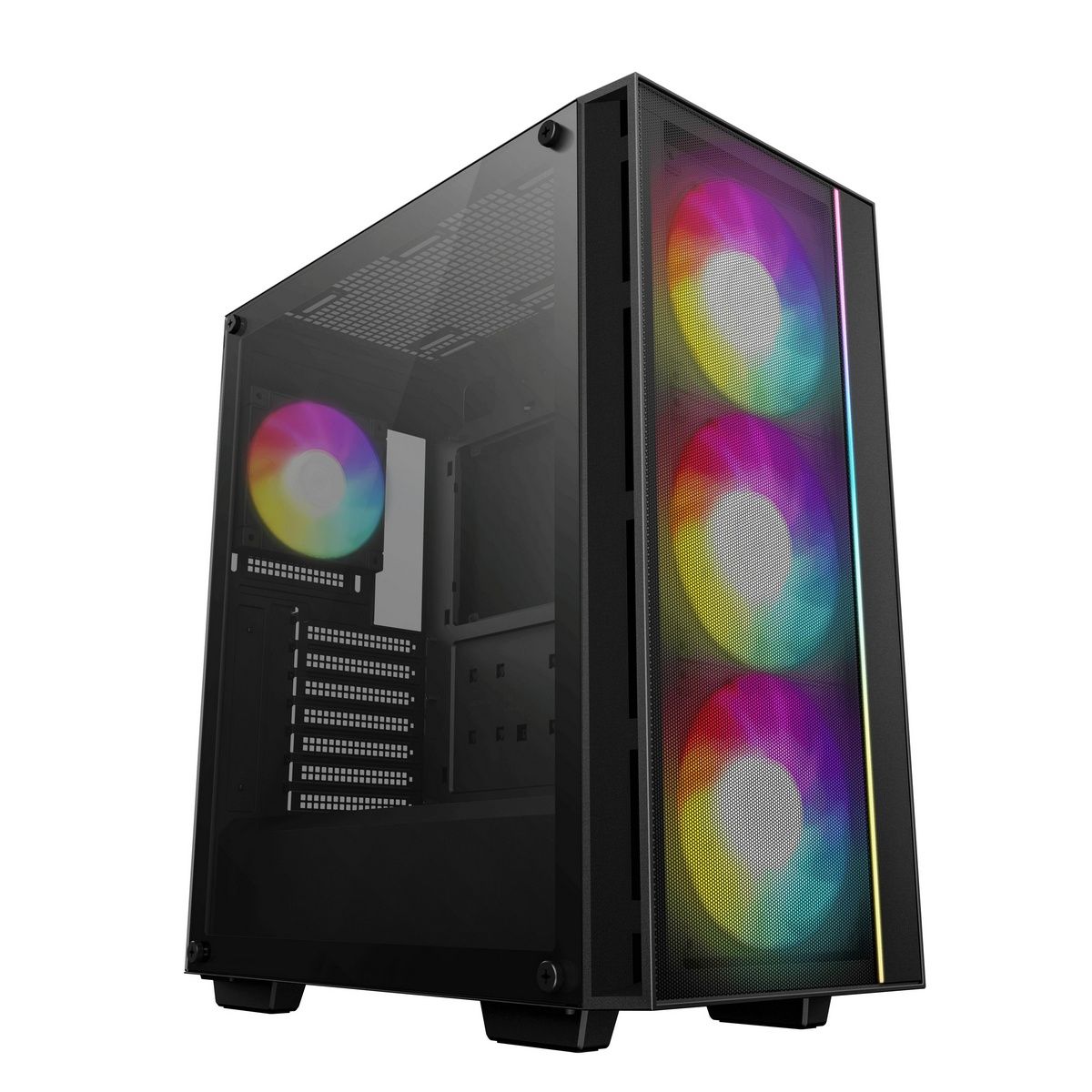 DeepCool MATREXX 55 MESH V4 вид спереди с ARGB-подсветкой трёх вентиляторов и закалённым стеклом