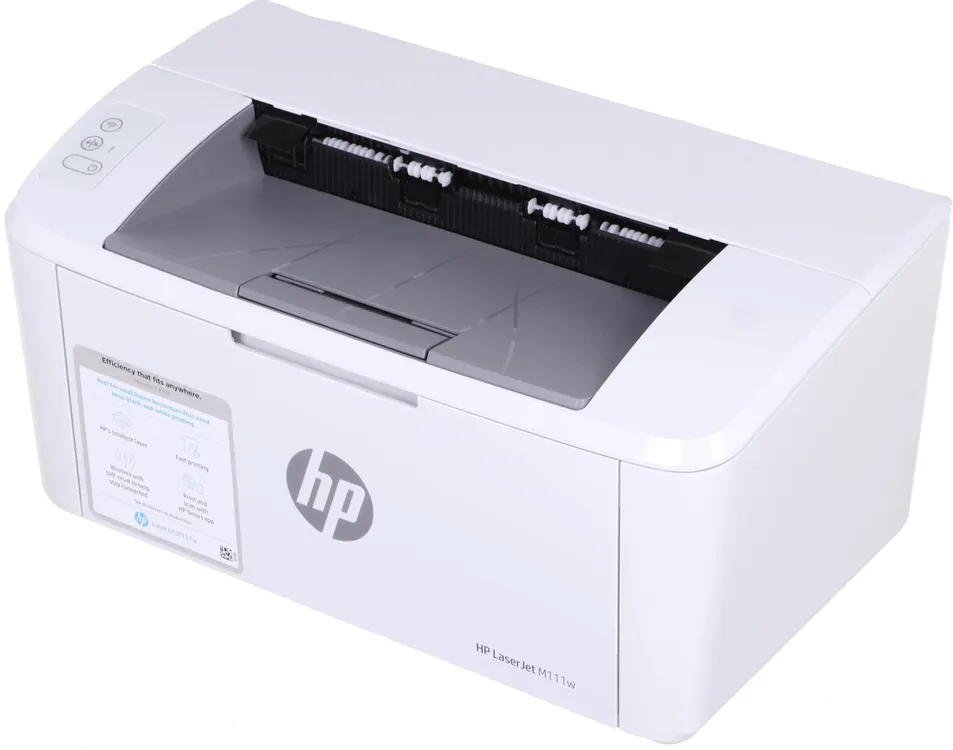 HP LaserJet M111w вид спереди с открытой крышкой и картриджем тонера