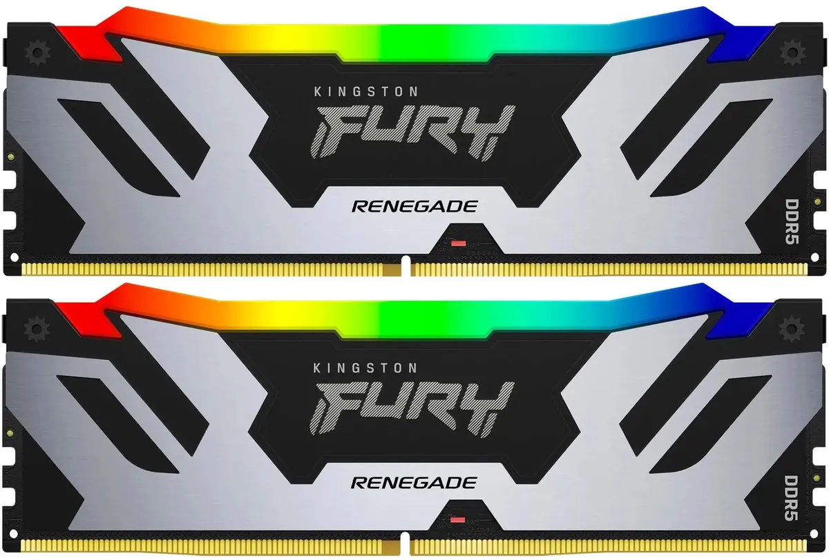 Kingston Fury Renegade KF564C32RSAK2-64 DDR5 64 ГБ — две планки с RGB-подсветкой, вид спереди