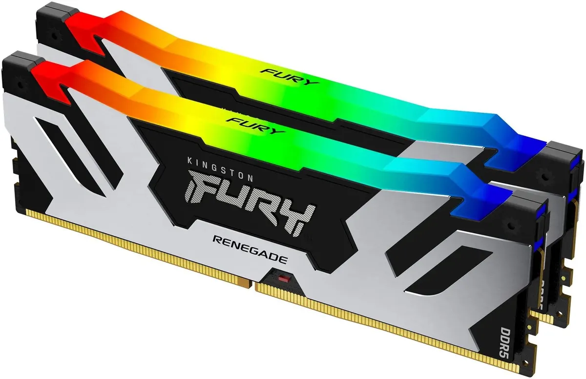 Kingston Fury Renegade KF564C32RSAK2-64 DDR5 — угловой вид двух планок с RGB LED и острым геймерским дизайном