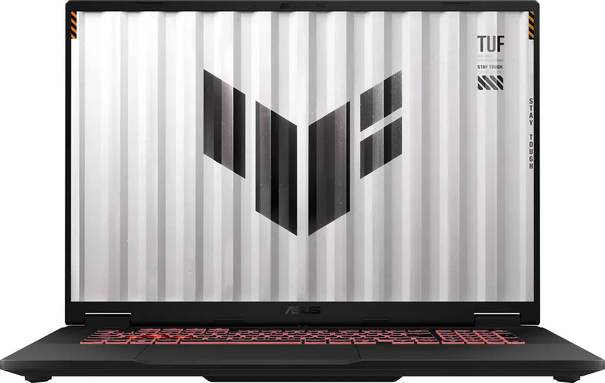 ASUS TUF Gaming FA808UP вид спереди экран с геометрическим узором красная подсветка клавиатуры