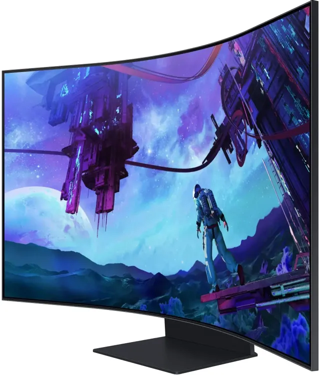 Samsung Odyssey Ark S55CG97WNI вид сбоку &mdash; изогнутая панель на подставке, тонкий профиль корпуса