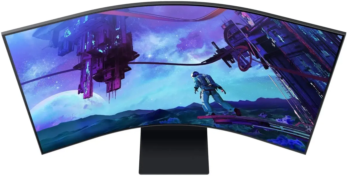 Samsung Odyssey Ark S55CG97WNI вид сверху &mdash; два монитора рядом, демонстрация экстремальной кривизны 1000R