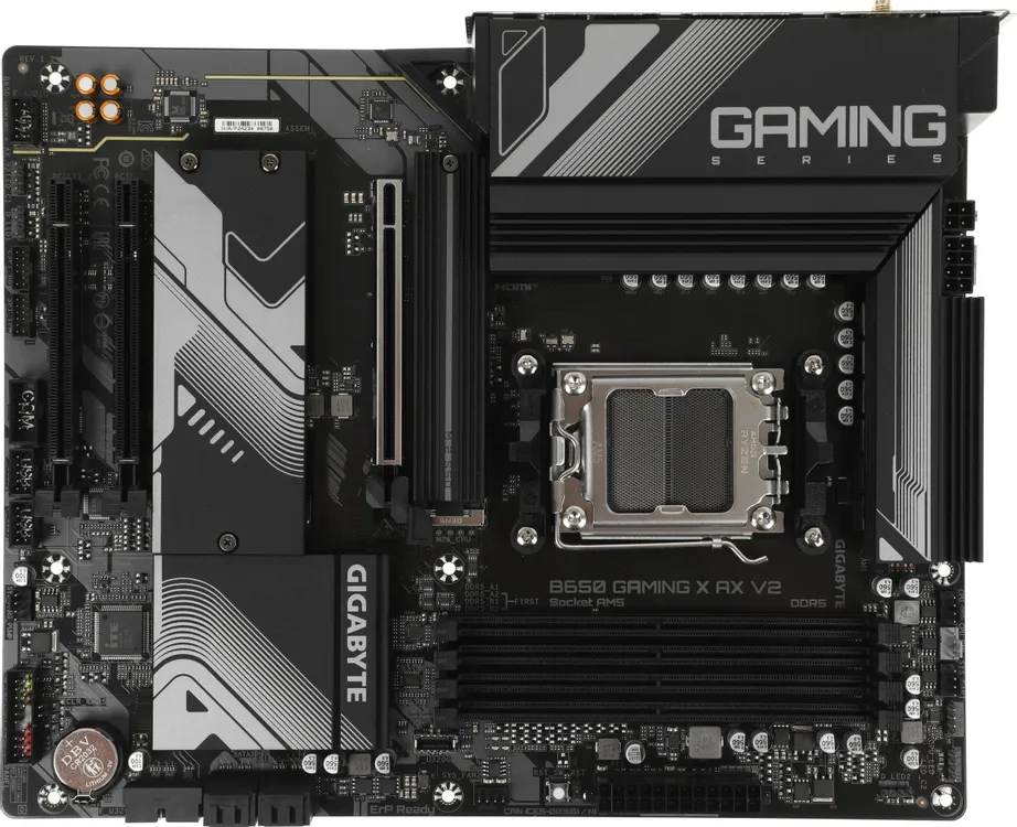 Gigabyte B650 Gaming X AX V2 вид сверху — сокет AM5, радиаторы VRM, слоты DDR5 и PCIe