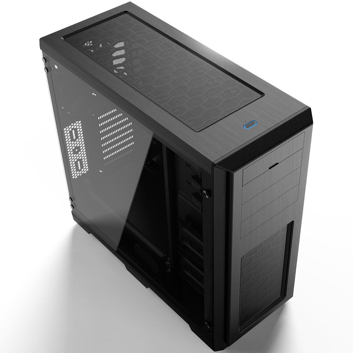 Phanteks Enthoo Pro PH-ES614PTG_BK аксонометрический вид, верхняя сетка воздухозабора и индикатор питания