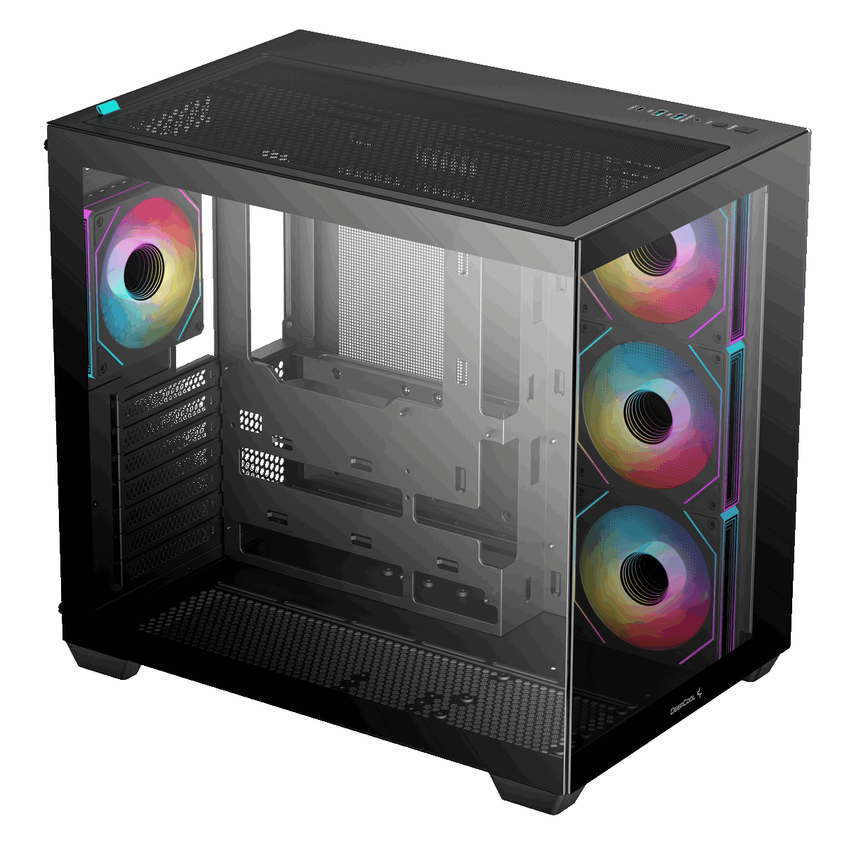 DeepCool CG530 4F внутренняя компоновка с открытой стеклянной панелью и ARGB-вентиляторами