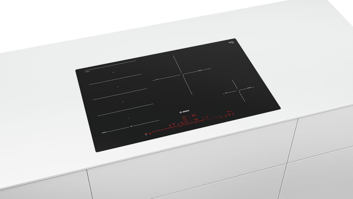 Bosch PXE801DC1E индукционная варочная панель чёрная вид сверху с красной сенсорной панелью в белой столешнице