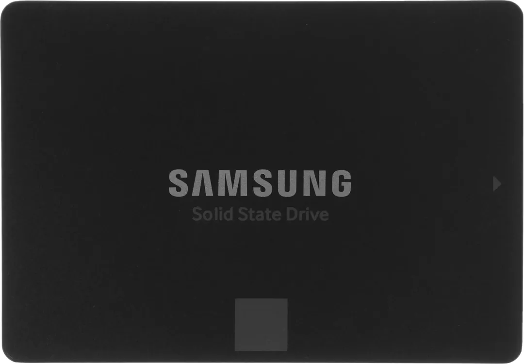 Samsung 870 EVO 2TB — вид спереди, чёрный металлический корпус с логотипом и надписью Solid State Drive