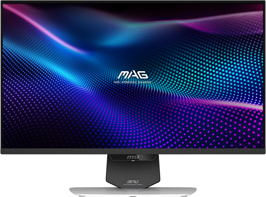 MSI MPG 274URDFW E16M Rapid вид спереди — включённый экран с демонстрацией цветов и градиентов