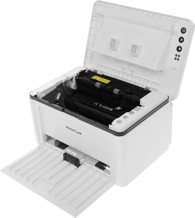 Pantum BP2300 открытый корпус — картридж, лоток подачи, разъёмы USB и питания