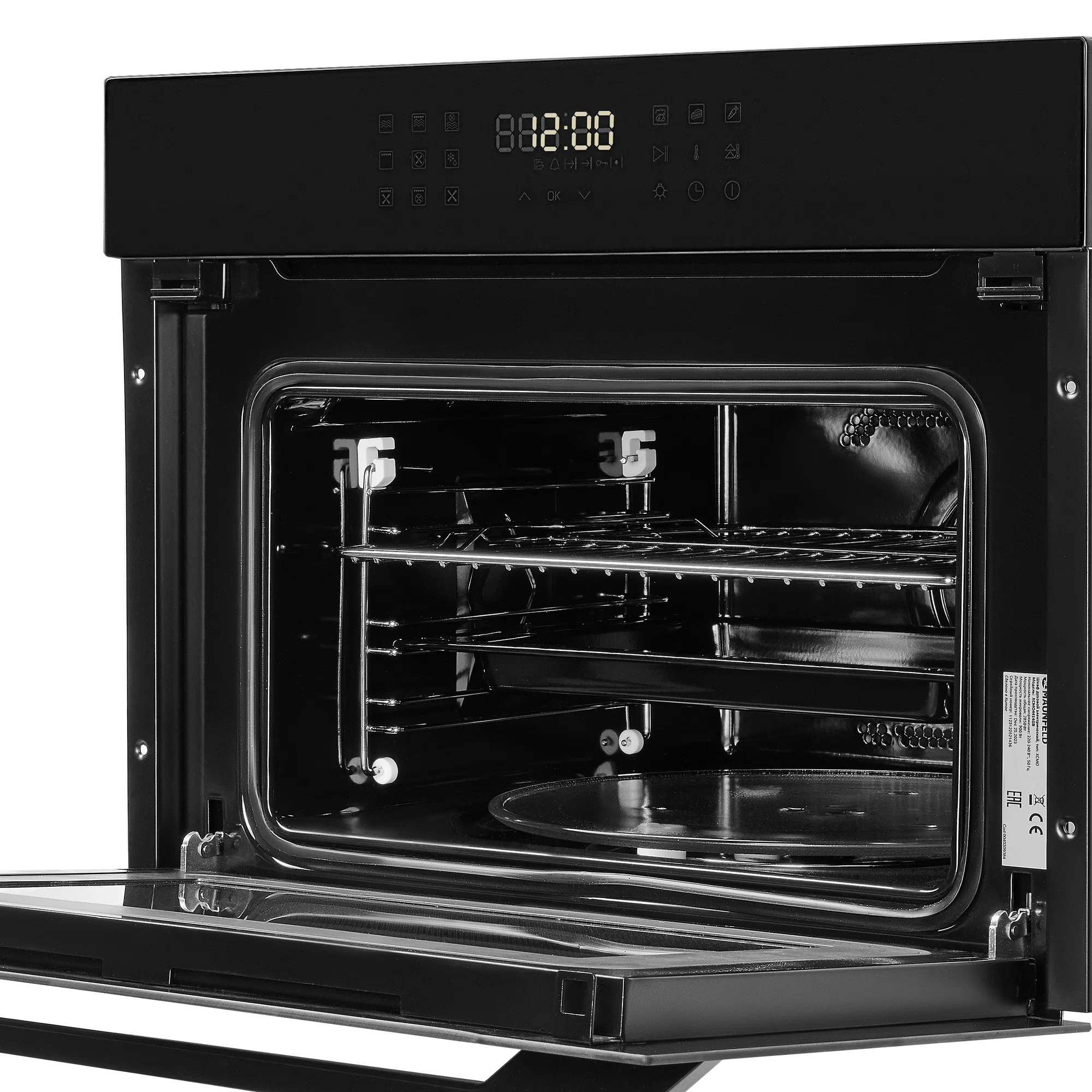 Maunfeld XCMO4414GB вид спереди с открытой дверцей и сенсорной панелью управления