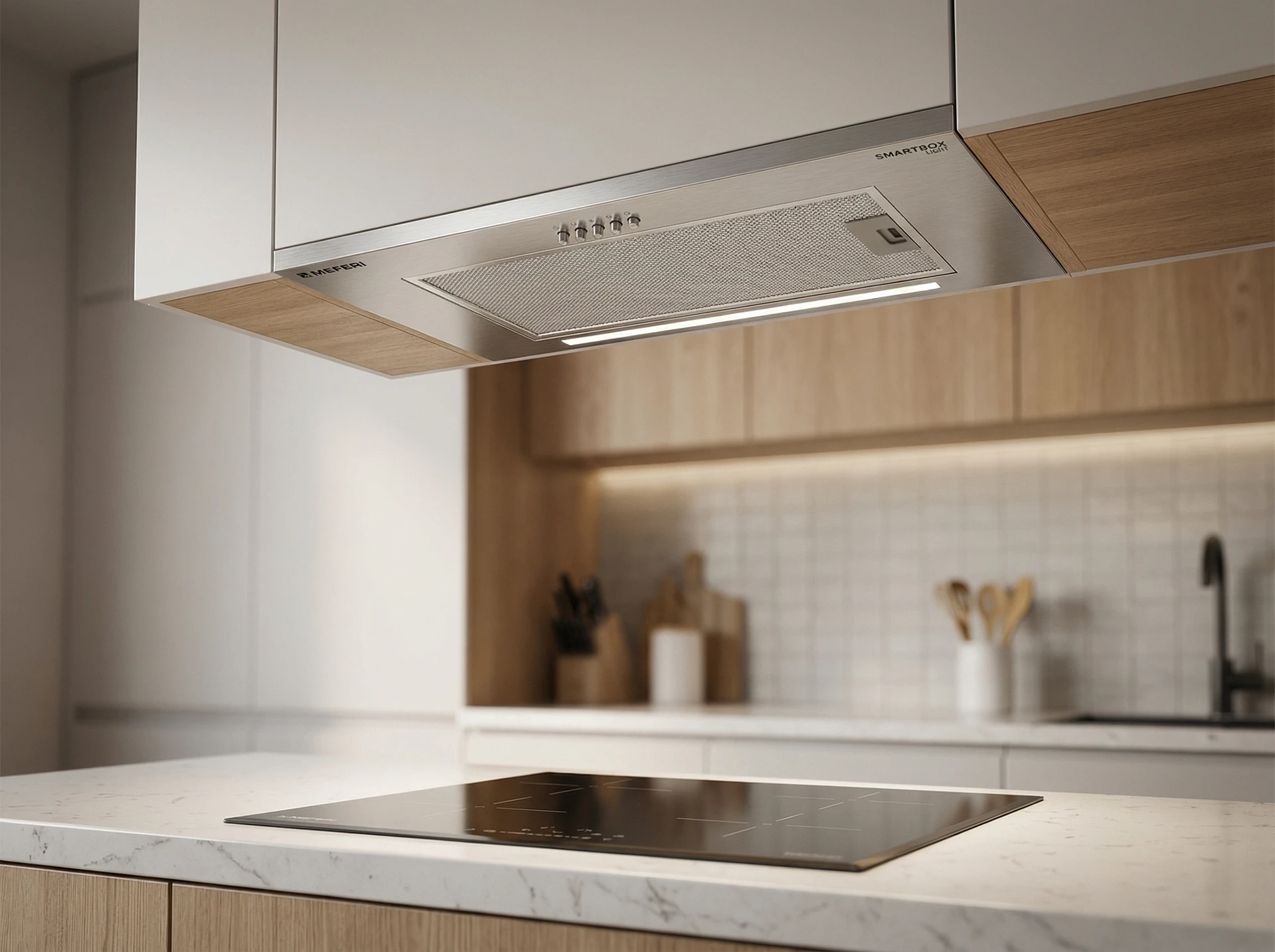 Meferi Light Smartbox60IX встроенная в кухонный гарнитур вытяжка в интерьере кухни