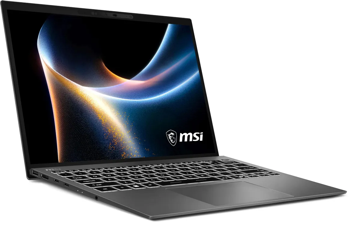 MSI Prestige 13 AI+ A3MG-046RU вид спереди под углом с открытым экраном и клавиатурой