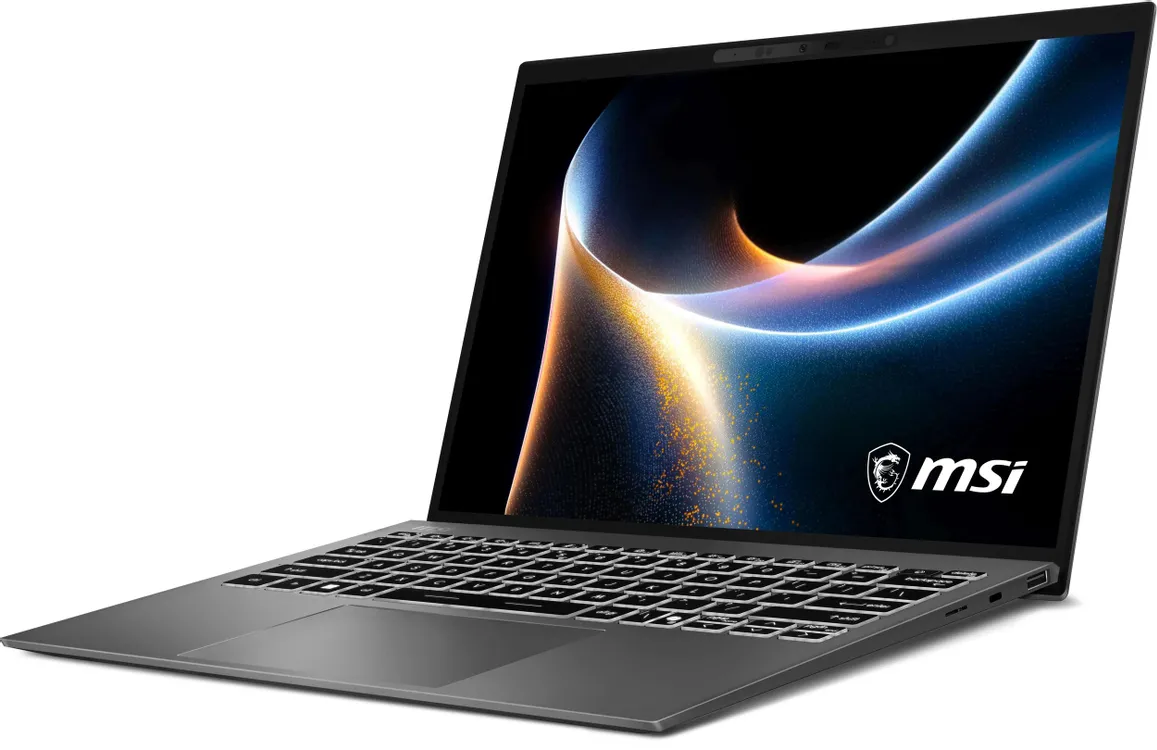 MSI Prestige 13 AI+ A3MG-046RU вид сбоку, тонкий алюминиевый корпус и боковые порты