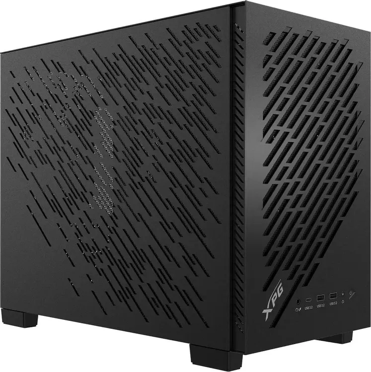 ADATA XPG VALOR AIR NANO вид спереди и сбоку, перфорированная металлическая сетка, черный стальной корпус