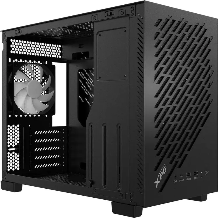 ADATA XPG VALOR AIR NANO открытая боковая панель, внутреннее пространство с вентилятором и отсеками для накопителей