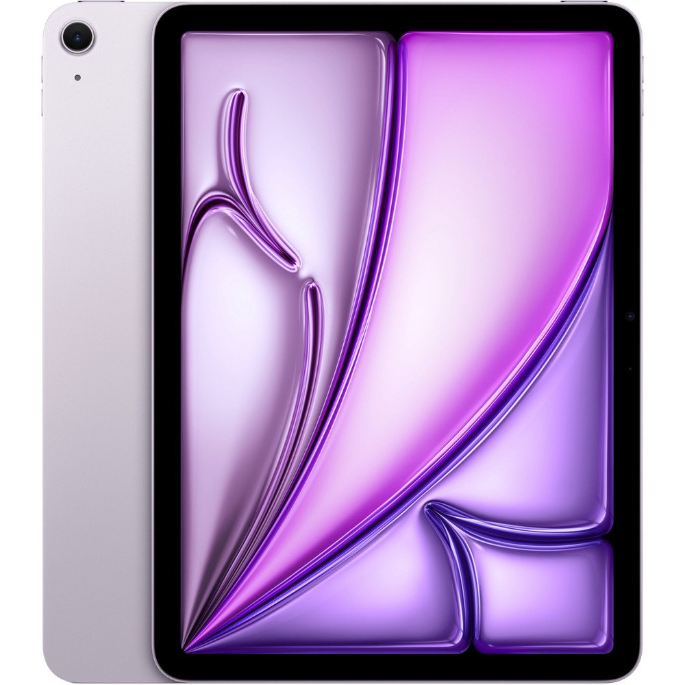 Apple iPad Air 11 2026 Purple вид спереди и сбоку на подставке, дисплей включён с фиолетовым градиентом