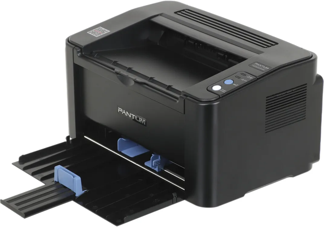 Pantum P2500NW боковой профиль с открытым лотком подачи бумаги и голубым картриджем