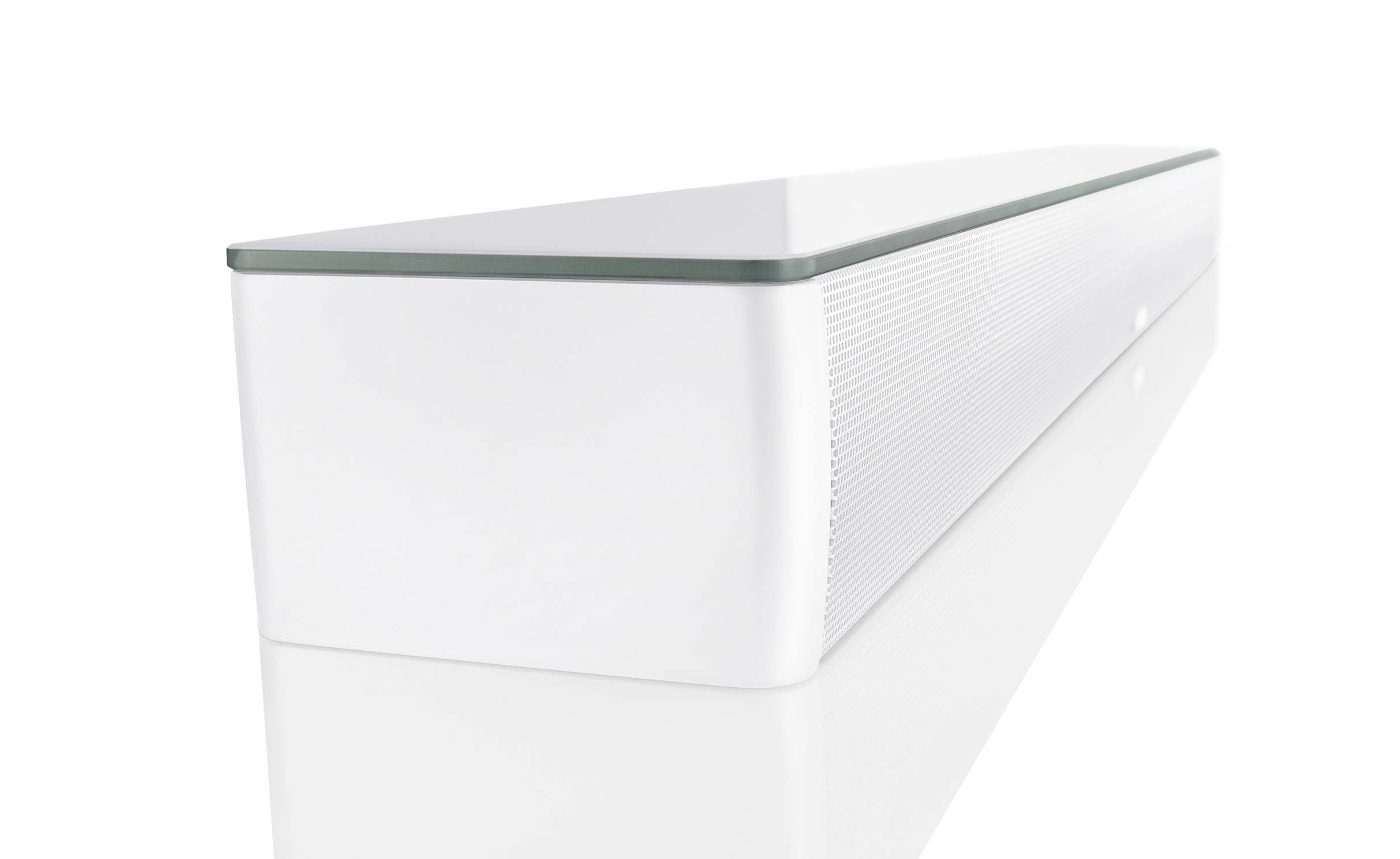 Canton Smart Soundbar 9 белый &mdash; тонкий профиль корпуса и текстура акустической сетки, вид сбоку